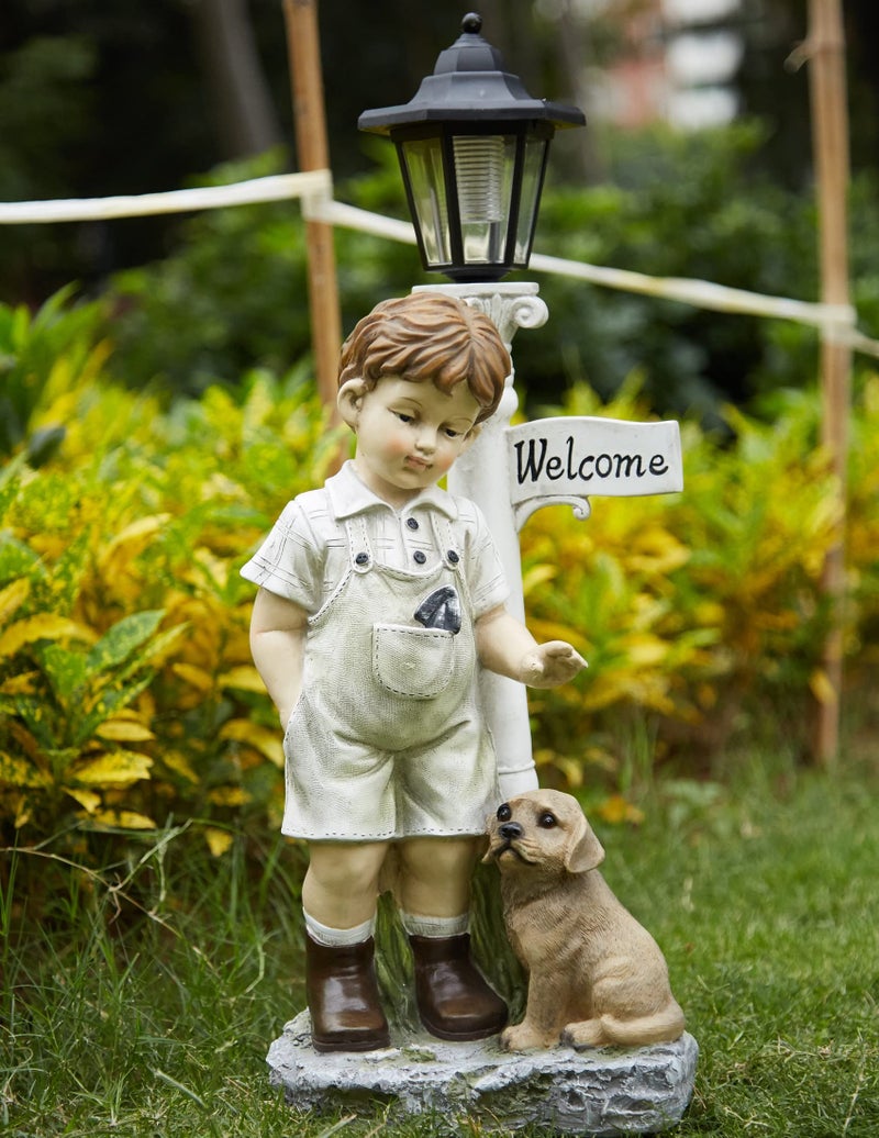 Floryden Solar Boy Statue Welcome Sign Garden Statues for Garden Decor, Porch, Lawn, Yard Art Decorations, Resin 23.2H inch - Image 1